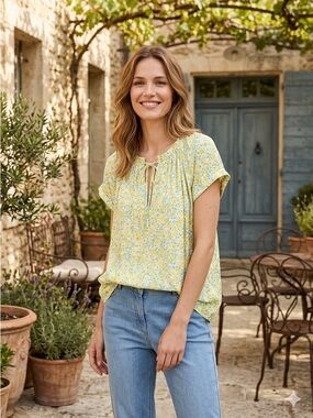 Gerard Darel Paris Floral Peasant Blouse Yellow Blue Print - Size 10 Large